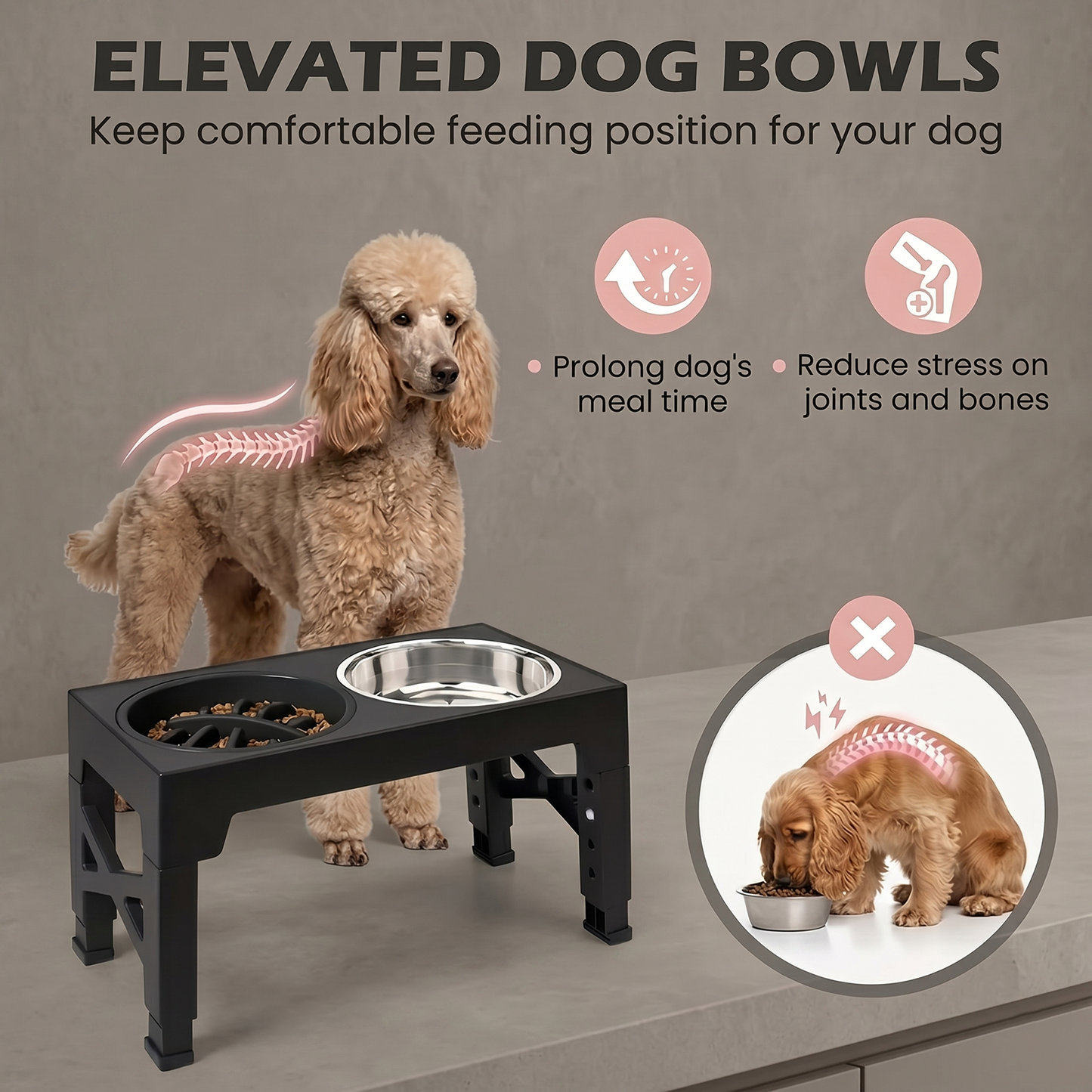 Elevated Dog Bowl Stand with Slow Feeder – 5 Adjustable Heights (3.2"–12.2"), 2 Stainless Steel Bowls + 1 Slow Feeder | Anti-Bloat Raised Feeder for Small Medium Large Dogs | Black