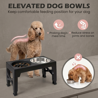 Elevated Dog Bowl Stand with Slow Feeder – 5 Adjustable Heights (3.2"–12.2"), 2 Stainless Steel Bowls + 1 Slow Feeder | Anti-Bloat Raised Feeder for Small Medium Large Dogs | Black