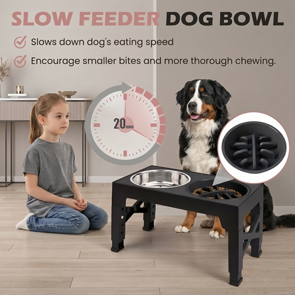 Elevated Dog Bowl Stand with Slow Feeder – 5 Adjustable Heights (3.2"–12.2"), 2 Stainless Steel Bowls + 1 Slow Feeder | Anti-Bloat Raised Feeder for Small Medium Large Dogs | Black