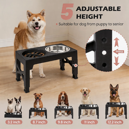 Elevated Dog Bowl Stand with Slow Feeder – 5 Adjustable Heights (3.2"–12.2"), 2 Stainless Steel Bowls + 1 Slow Feeder | Anti-Bloat Raised Feeder for Small Medium Large Dogs | Black