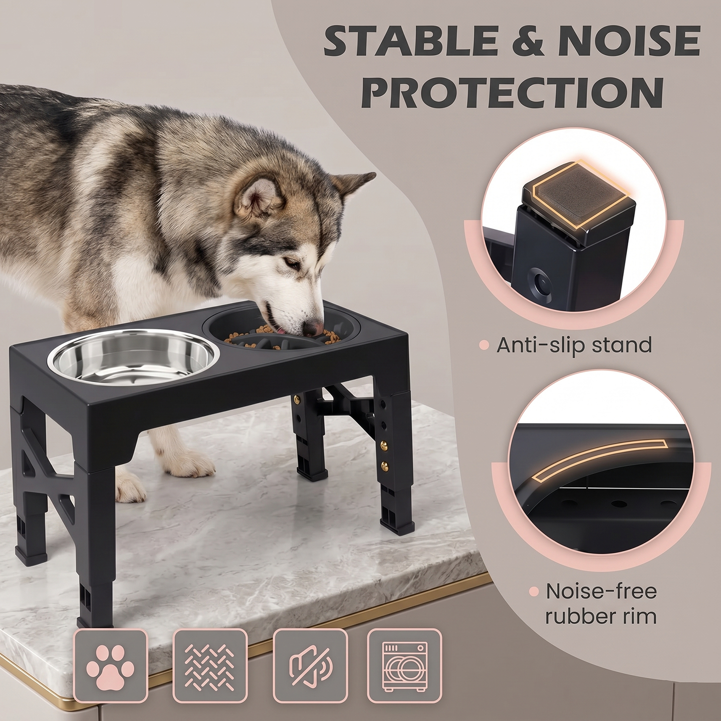 Elevated Dog Bowl Stand with Slow Feeder – 5 Adjustable Heights (3.2"–12.2"), 2 Stainless Steel Bowls + 1 Slow Feeder | Anti-Bloat Raised Feeder for Small Medium Large Dogs | Black