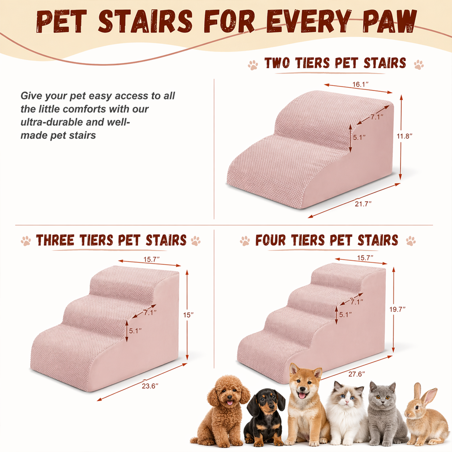 Extra Wide Foam Dog Stairs – High-Density Foam Pet Steps with Non-Slip Bottom, Soft Cushioned Ramp | 2/3/4 Steps for High Beds, Couches & Sofas | Ideal for Injured, Elderly & Small Dogs | 6 Colors