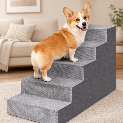 Dog Stairs for Small Dogs – 5-Step High-Density Foam Pet Steps with Supporting Board & Non-Slip Washable Cover | 18" High for Beds & Couches | Gray