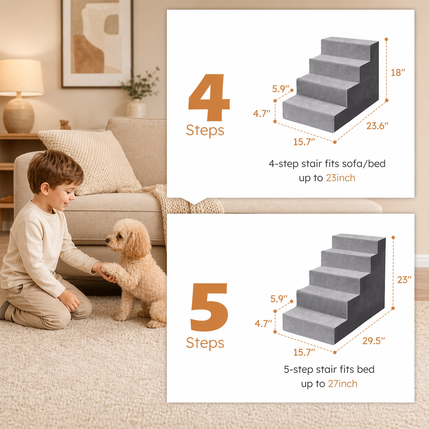 Dog Stairs for Small Dogs – 5-Step High-Density Foam Pet Steps with Supporting Board & Non-Slip Washable Cover | 18" High for Beds & Couches | Gray