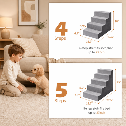 Dog Stairs for Small Dogs – 5-Step High-Density Foam Pet Steps with Supporting Board & Non-Slip Washable Cover | 18" High for Beds & Couches | Gray