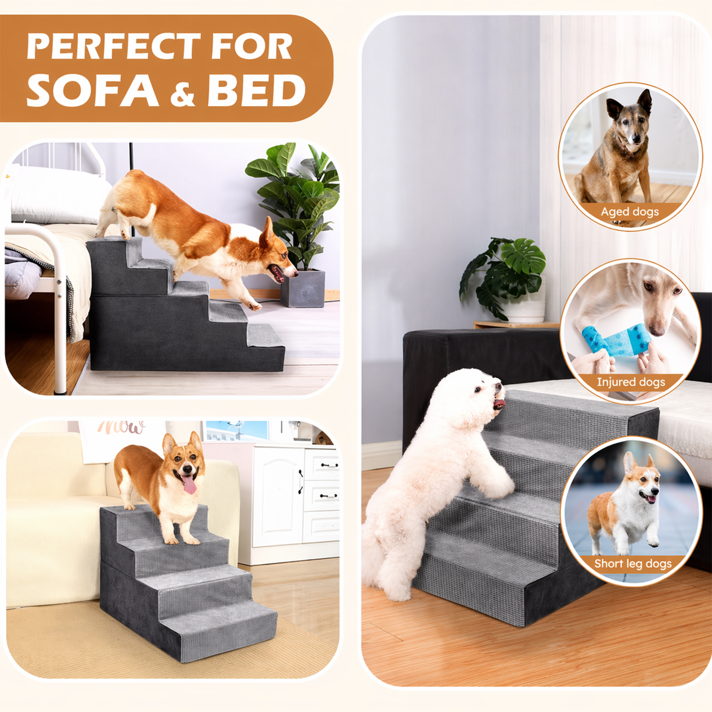 Dog Stairs for Small Dogs – 5-Step High-Density Foam Pet Steps with Supporting Board & Non-Slip Washable Cover | 18" High for Beds & Couches | Gray