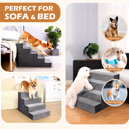 Dog Stairs for Small Dogs – 5-Step High-Density Foam Pet Steps with Supporting Board & Non-Slip Washable Cover | 18" High for Beds & Couches | Gray