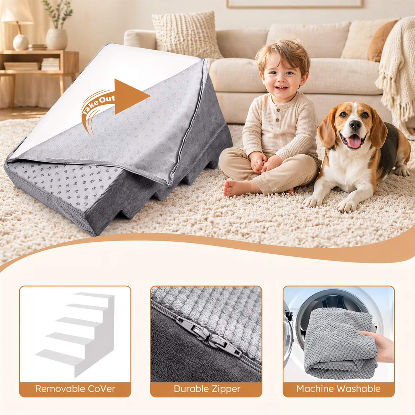 Dog Stairs for Small Dogs – 5-Step High-Density Foam Pet Steps with Supporting Board & Non-Slip Washable Cover | 18" High for Beds & Couches | Gray