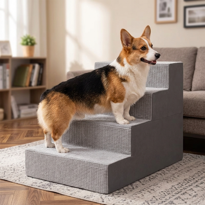 Dog Stairs for Small Dogs – 5-Step High-Density Foam Pet Steps with Supporting Board & Non-Slip Washable Cover | 18" High for Beds & Couches | Gray