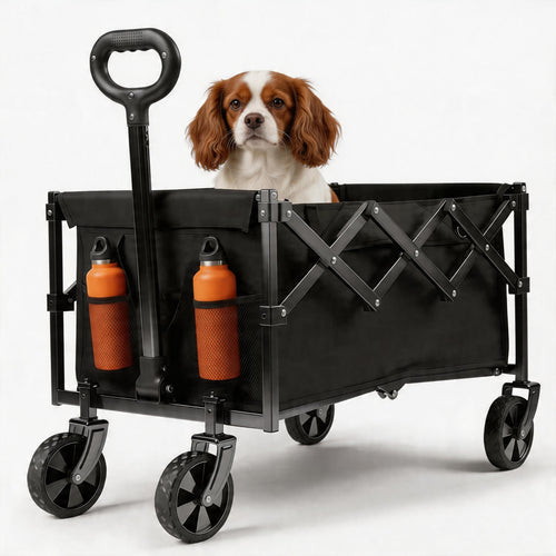 Collapsible Wagon Pet Cart with Wheels – Foldable Grocery Dog & Cat Cart for Garden, Shopping, Camping & Sports | Heavy-Duty Frame for Pets & Gear | Black