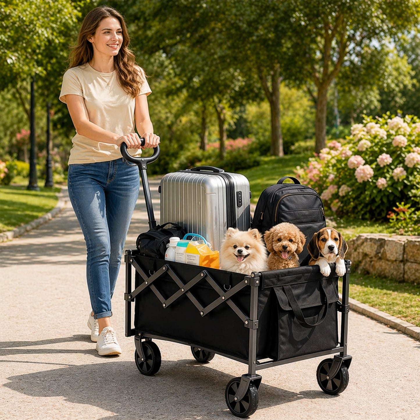 Collapsible Wagon Pet Cart with Wheels – Foldable Grocery Dog & Cat Cart for Garden, Shopping, Camping & Sports | Heavy-Duty Frame for Pets & Gear | Black