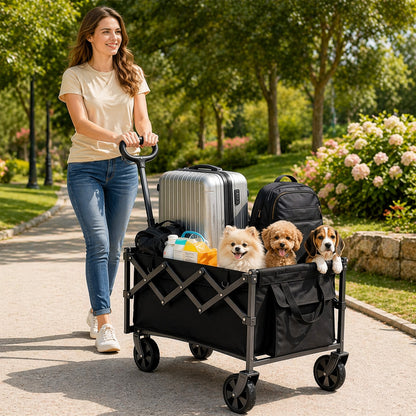 Collapsible Wagon Pet Cart with Wheels – Foldable Grocery Dog & Cat Cart for Garden, Shopping, Camping & Sports | Heavy-Duty Frame for Pets & Gear | Black