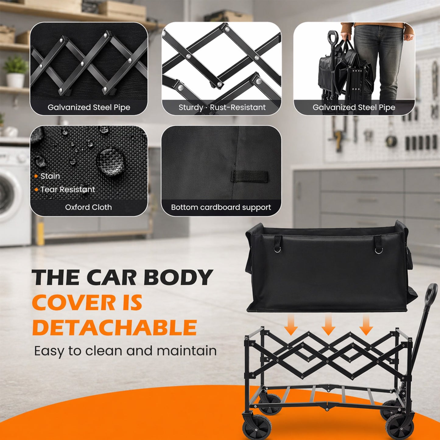 Collapsible Wagon Pet Cart with Wheels – Foldable Grocery Dog & Cat Cart for Garden, Shopping, Camping & Sports | Heavy-Duty Frame for Pets & Gear | Black
