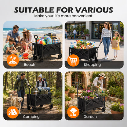 Collapsible Wagon Pet Cart with Wheels – Foldable Grocery Dog & Cat Cart for Garden, Shopping, Camping & Sports | Heavy-Duty Frame for Pets & Gear | Black