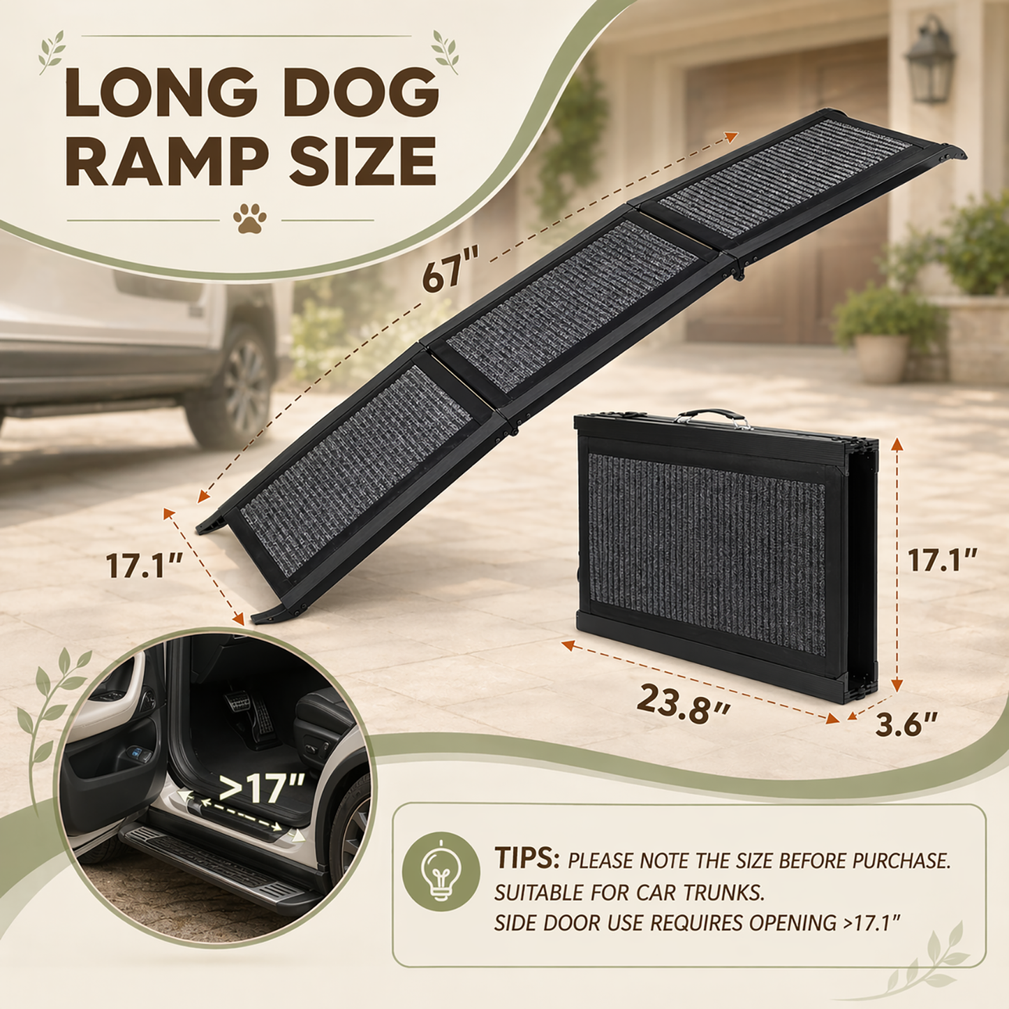 Collapsible Dog Ramp for Vehicles – Non-Slip Carpeted Surface, Portable Extended Pet Ramp for Cars, SUVs & Trucks | Supports up to 200 lbs | Ideal for Big Dogs & Senior Joint Relief