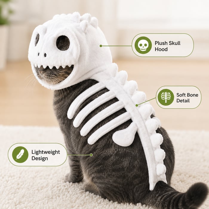 🔥 HOT SALE 🔥🦖 Glow-in-the-Dark Dinosaur Skeleton Cat Costume — Let Your Kitty Roar at Night! ✨